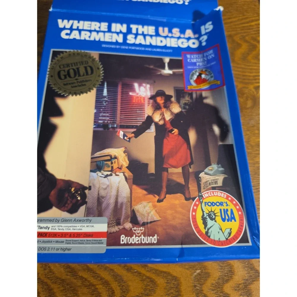 Where in the USA is Carmen Sandiego? PC game 1989 Broderbund Fodors IBM Tandy